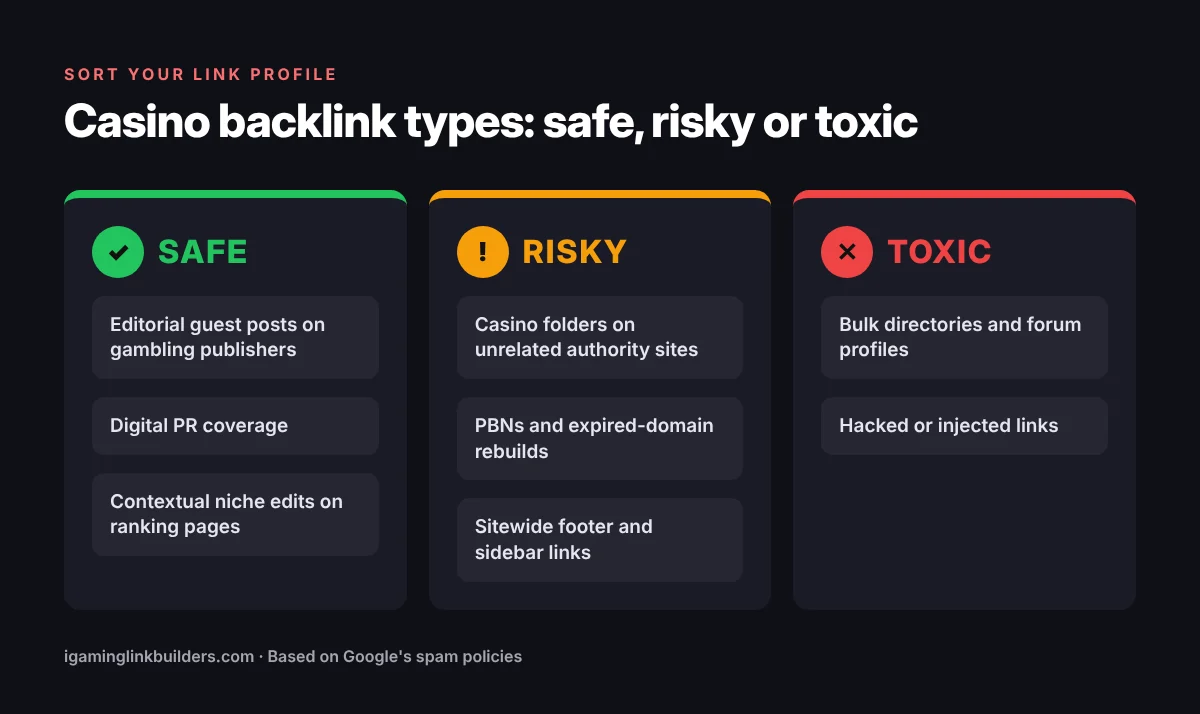 Casino backlink types in three columns: safe editorial links, risky parasite and PBN links, toxic directories and hacked links