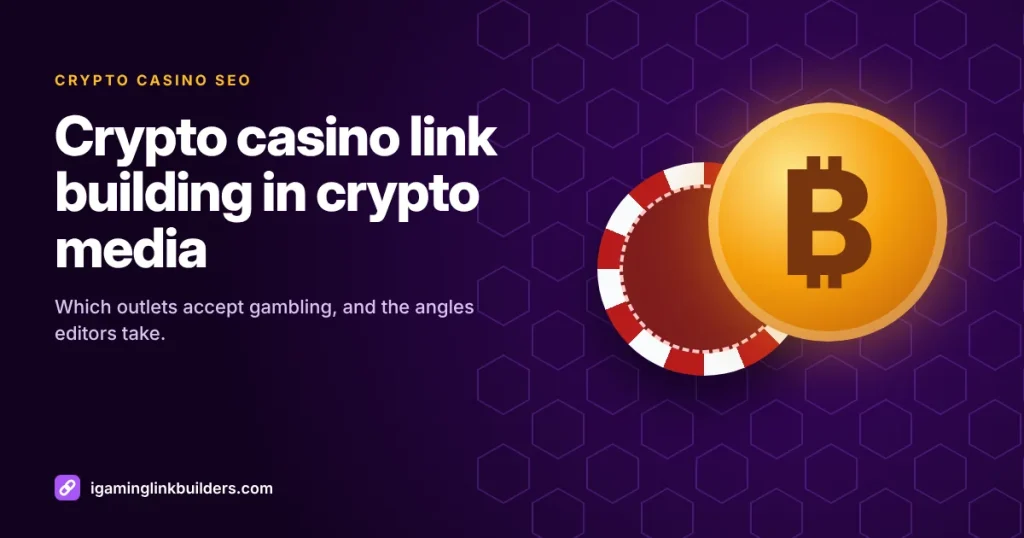 Crypto casino link building cover with a gold bitcoin coin and a casino chip