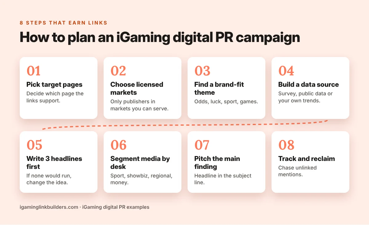 Eight-step iGaming digital PR campaign plan, from picking target pages to reclaiming unlinked mentions