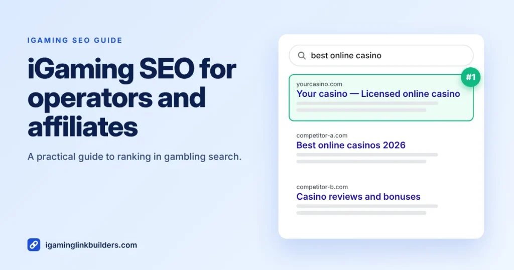 iGaming SEO guide cover with a search results page showing a casino ranking first
