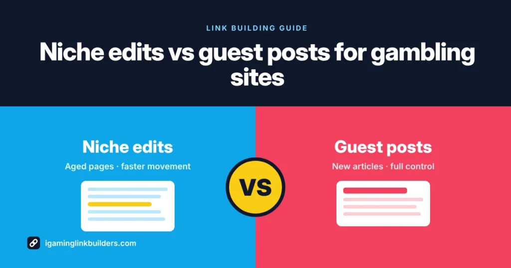 Niche edits vs guest posts for gambling sites shown side by side with a VS badge
