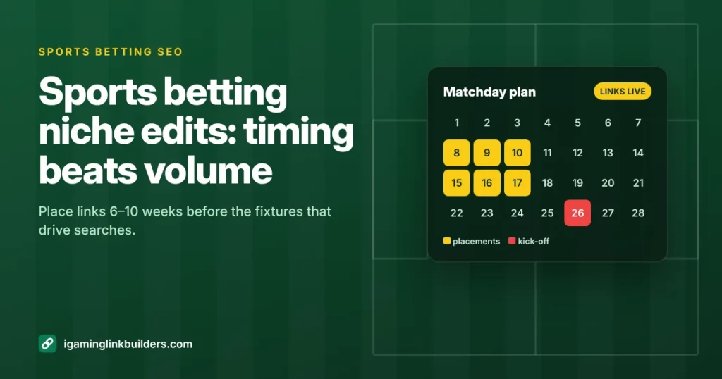 Sports betting niche edits timing: a matchday calendar on a football pitch showing link placements before kick-off